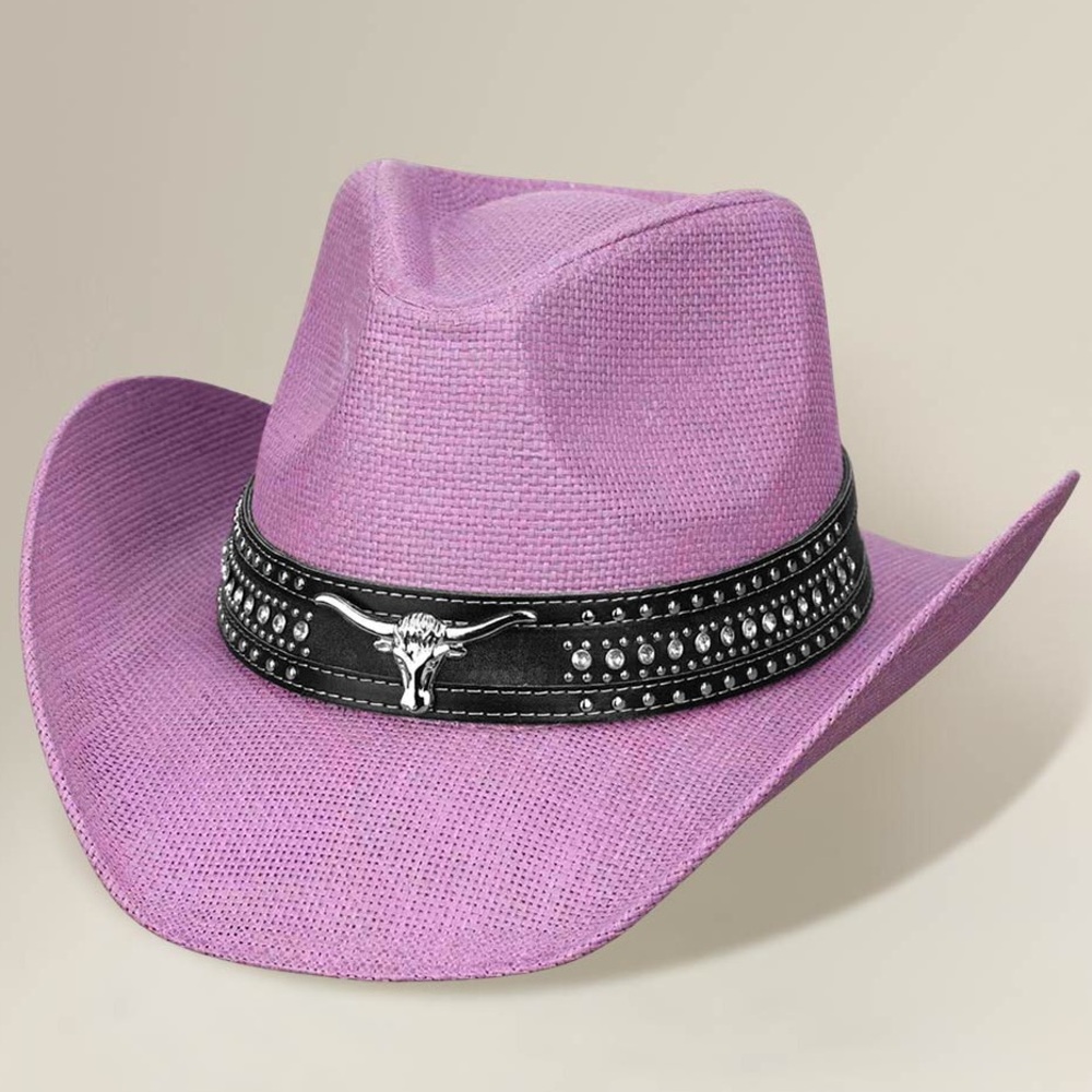 Lavender Purple Steer Head Accent Studded Leather Band Western Straw Cowboy Hat